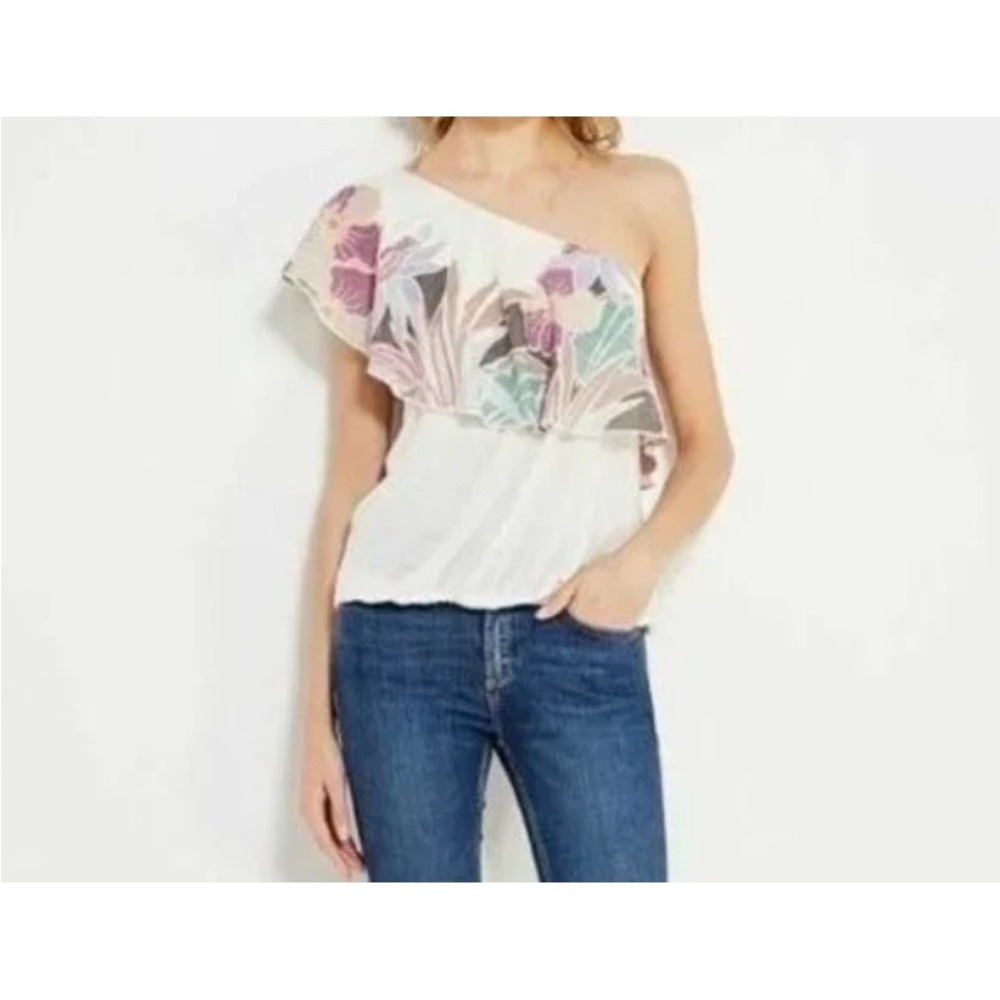 Free People Ivory One Shoulder Floral Ruffle Linen Blend Top Women's Size M NWT